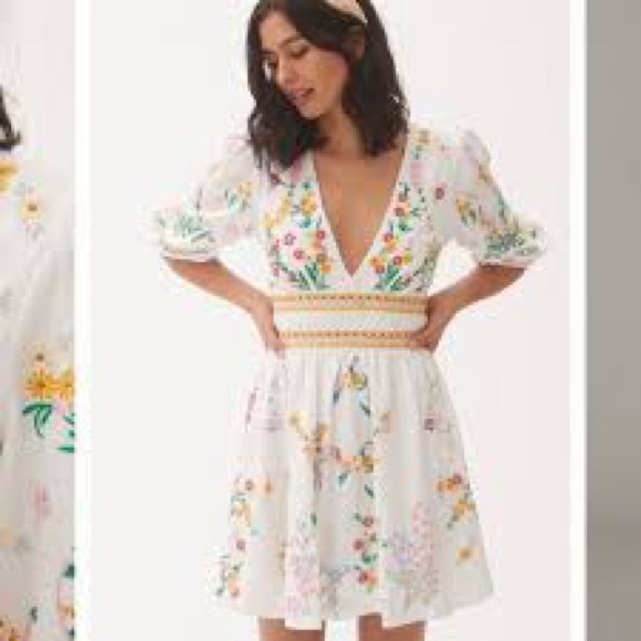 Anthropologie Dresses & Skirts - Anthropologie Deep V Floral Embroidered Cut Out Mini Dress size L